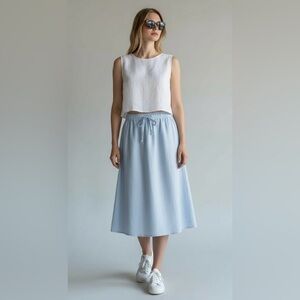 DKNY Linen Skirt Midi A-Line‎ Elastic Waist Casual Light Blue Size M